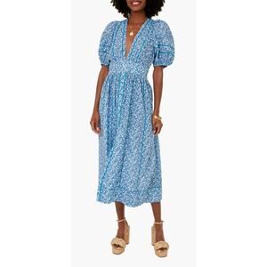 Poupette St. Barth Reine Blue Minstral Print Puff Sleeve Midi Dress Tuckernuck